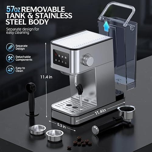 QJA Espresso Machine 20 Bar, Compact Espresso Maker with Milk Frother & Touchscreen for Home, Stainless Steel Coffee Machine with 57.5oz Removable Water Tank for Cappuccino, Latte, Silver thumbnail 2