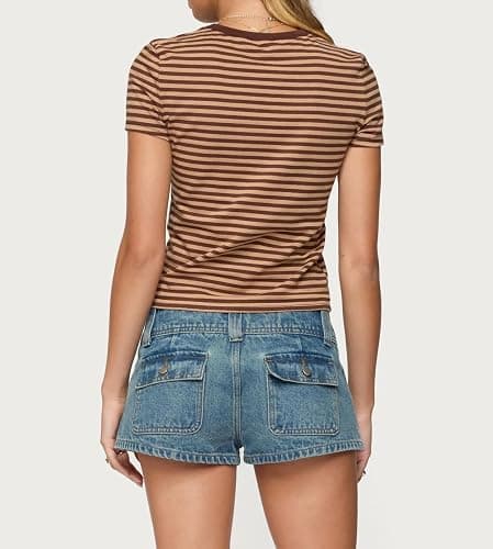 Y2K Striped Babytee for Women Teen Girls Short Sleeve Fitted Preppy Shirt | Cute Crew Neck Crop Tee Tops for Teens, Summer Going Out Top, Vintage Streetwear thumbnail 3