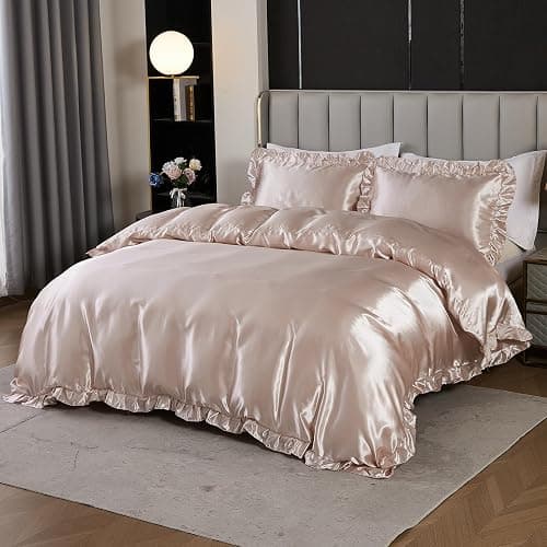 Silk Like Satin Bedding Queen Light Pink Duvet Cover Set Soft Silky Ruffle Comforter Cover Sexy Hotel Silky Bedding Sets 1 Duvet Cover 2 Pillowcases (Queen, Light Pink) - Image 1