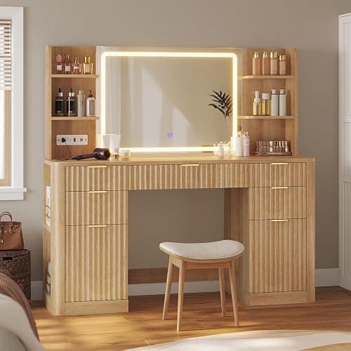 HAUOMS 51.2" Fluted Makeup Vanity Desk with Large 30.3" Mirror and Lights, 5 Drawer Vanity with Power Strip, 6 Open Shelves, 2 Cabinet，Modern Dressing Table with Solid Wood Legs for Bedroom, Oak thumbnail 7