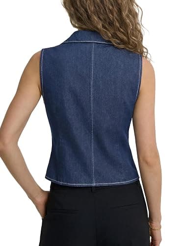 LYANER Women's Denim Vest Sleeveless Collared V Neck Button Down Casual Summer Jean Tank Shirt Top thumbnail 5