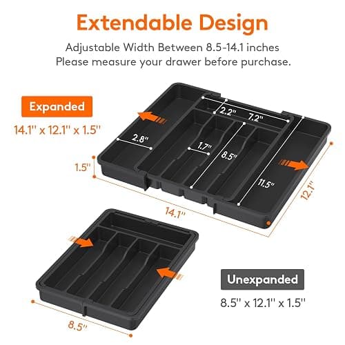 Lifewit Expandable Silverware Organizer, Plastic Utensil Tray for Kitchen Drawer, BPA Free Flatware Cutlery Holder, Space-Saving Storage for Spoons Forks Knives, 8.5-14 x 12 x 1.5 inch, Black thumbnail 2