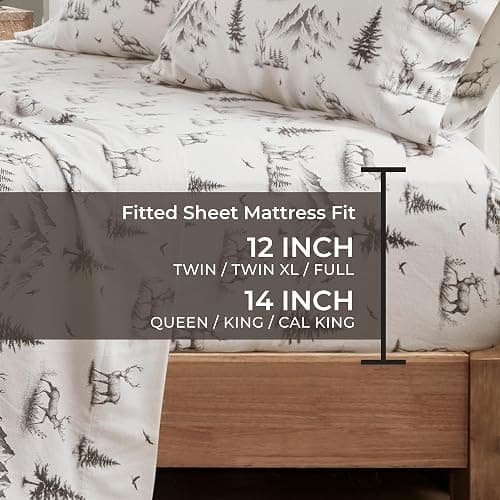 Woolrich Cotton Sheet Set Cottage Charms Print, 100% Cotton Flannel Sheets Warm & Fuzzy Bedding Set Queen Size Sheets, Fitted Pocket Fits Up to 14" Mattress, Queen Gray Deer Toile 4 Piece thumbnail 2