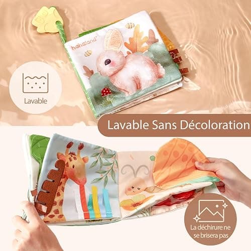 hahaland Jouets pour Bébé de 0 à 6 Mois, Livres Sensoriels en Tissu Doux pour Nouveau-né, Livre d'Éveil Jouet Bébé, Livre Eveil Bebe pour Nourrissons de 0, 3, 6 Mois, Cadeau Bebe Naissance Tummy Time thumbnail 7