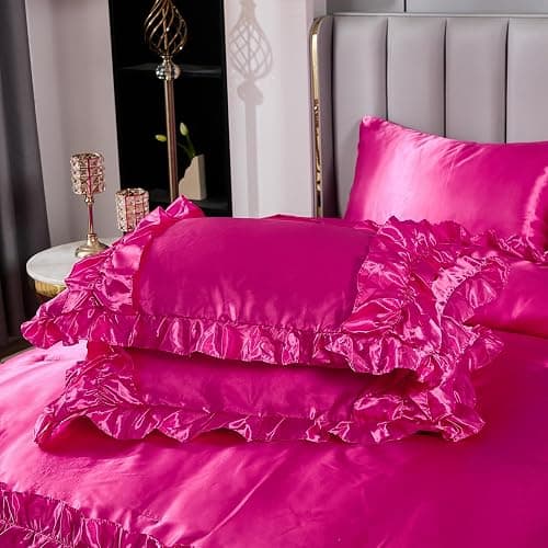 MOVE OVER Hot Pink Satin Comforter Set Queen Size 8 Pieces Bed in a Bag Farmhosue Shabby Chic Ruffle Comforter Set Luxury Silk Like Satin Bedding Set Boho Chic Satin Ruffled Comforter Sets thumbnail 8