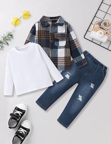 FoWear 3Pcs Toddler Boy Clothes Botton Down Shirt and T-Shirt with Pants Toddler Boys Winter Clothes thumbnail 2
