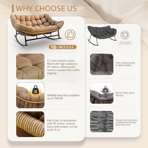 NICESOUL Double Large Papasan Chair Outdoor, Oversized 2 Person Egg Rocking Chair with Cushions, 700 lbs Heavy-Duty Wicker Loveseat Recliner Glider for Outdoor & Indoor Patio, Balcony & Garden, Brown thumbnail 7