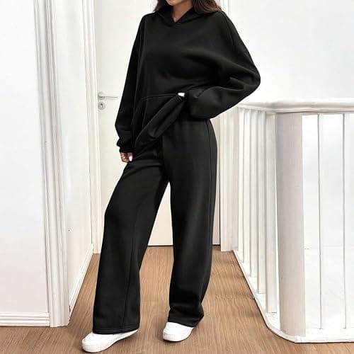 Sweatsuits Women 2 Piece Outfit Fleece Cute Oversized Hoodies Y2k High Waisted Baggy Wide Leg Sweatpants with Pockets thumbnail 6
