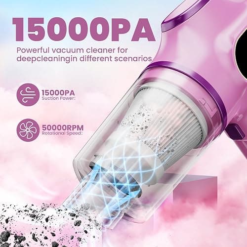 BELIBUY Women-Friendly Cordless Pink Car Vacuum Cleaner – 15000Pa Portable Mini Handheld Vacuum Cleaner, Effortlessly Handles Car,Office,Home & Pet Cleaning thumbnail 4