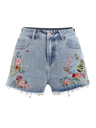 MAKEMECHIC Women's Floral Jean Shorts High Waist Embroidery Raw Hem Denim Short - Image 1