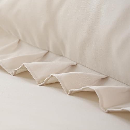 YIKUSH Ruffle Comforter Set Queen Size – Beige Soft Tufted Queen Bedding Set for All Seasons, Fluffy Shabby Chic Bed Set with 2 Pillowcases thumbnail 3
