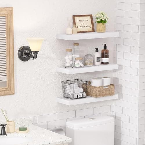 upsimples 16.5" L White Floating Shelves, Wooden Wall Shelves, 3 Pack | Invisible Brackets, Easy to Install, Wall Mounted, For Bedroom, Living Rooms, Kitchens, or Study Areas thumbnail 2