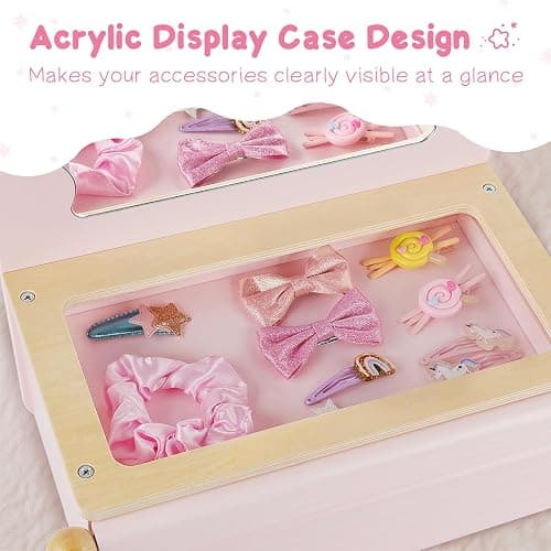 PIIKAGO Wooden Kids Vanity Set with Acrylic Display Case, Pretend Play Toddler Makeup Vanity for Girls, Beauty Salon Set with Makeup Accessories, Little Girls Gift Age 3+ (Pink) thumbnail 5
