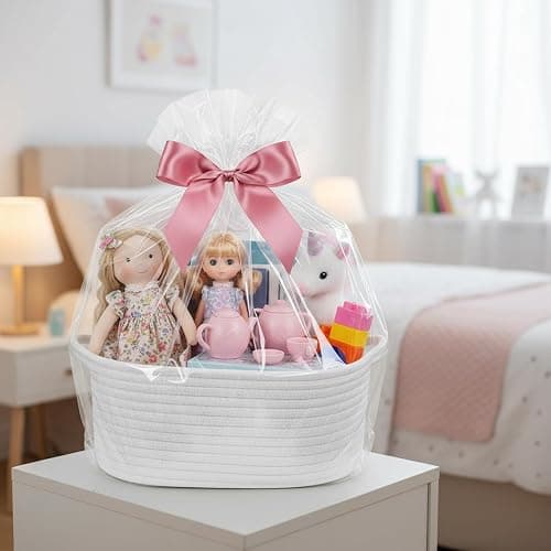 Woven Basket – Small Woven Storage Basket With Handle, Gift Basket Empty, Small Baskets for Gifts, Cotton Rope Basket for Dog Toy, Towel, Easter Egg, Home Organisation, Nursery, Bathroom, Bedroom thumbnail 2