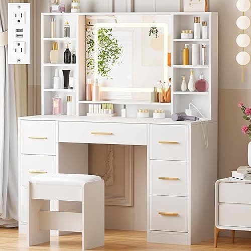 ANWBROAD Vanity Desk Table with Lighted Mirror 39.4“ Girls Makeup Vanity with Power Outlet 3 Colors Lighting Adjustable Brightness Vanity Table for Women Bedroom Dressing Room White UBDT65W - Image 1