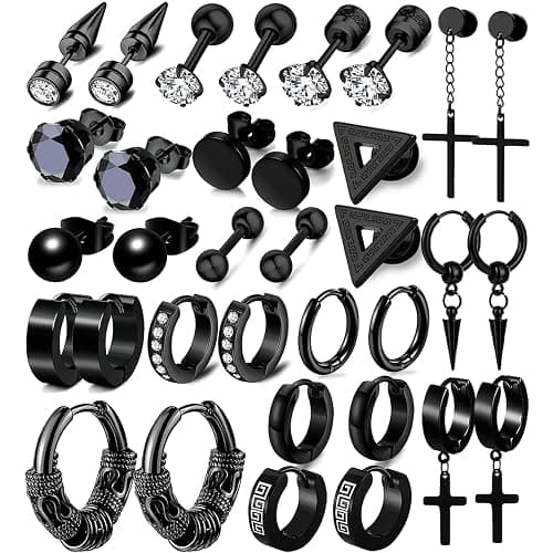 17 Pairs Earrings for Men, Stainless Steel Earrings For Men Sensitive Skin, Fashion Earring Piercing Jewelry Cross Dangle Hoop Earrings Kit Studs Long-lasting Shine - Image 1