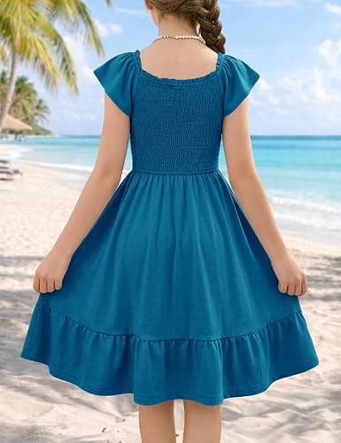 HOSIKA Girls Summer Cute Short Sleeve Smocked Boho Ruffle Tiered Dresses | 6-12Y, Casual, A-line, Square Neck, Ruffle Sleeve, Pockets, Elastic Waist thumbnail 4