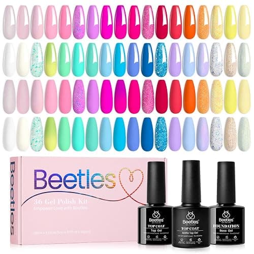 beetles Gel Polish Set - 39Pcs Neon Gel Nail Polish Pink Red Blue Purple Polish All Season Nails with Base Top Coat Soak off Uv LED Lamp Colorful Candies Manicure Kit DIY Home Gifts for Women Girls - Image 1