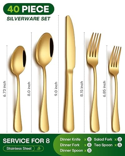 PHILIPALA 40 Piece Gold Silverware Set, Stainless Steel Flatware Set for 8 Food Grade Cutlery Utensil Set Include Knife Fork Spoon Mirror Polished Dishwasher Safe thumbnail 3