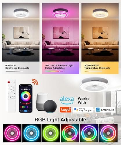 Smart RGB Ceiling Fans with Lights and Remote，20" Low Profile Ceiling Fan with Light ,6-Speed Wind & Dimmable LED,1000+RGB Ambient Light ,Flush Mount Ceiling Fan Compatible with Alexa and Google Home thumbnail 3