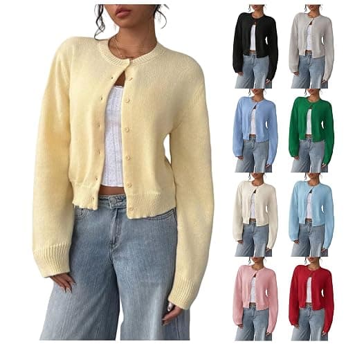 AYziemezm Women’s Cropped Cardigan Sweater Button Down Open Front Long Sleeve Crewneck Sweaters Knit Sweater Warm Clothes thumbnail 4