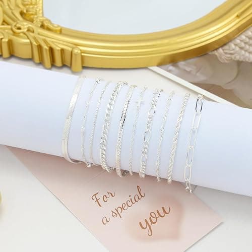 XIANNVXI 10pcs Rose Gold/Gold/Silver Bracelets Stack for Women Dainty Thin Rose Gold Bracelets Set Silver Chain Bracelet Paper Clip Stackable Figaro Herringbone Paperclip Bracelet Pack for Womens thumbnail 6