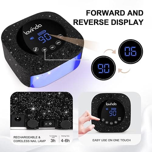 Lavinda 54W UV Nail Lamp, UV Light for Gel Nails, Cordless Rechargeable UV LED Nail Lamp Nail Light with 4 Timer and LCD Display, Professional Fast Curing Lamp Nail Dryer with Black Rhinestone thumbnail 4