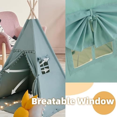 RONGFA Teepee Tent for Kids with Mat, Star Lights, Carry Case, Cotton Canvas Playhouse, Foldable Tents, Portable Children Play Tent Indoor Outdoor (Jewelry Blue) thumbnail 3
