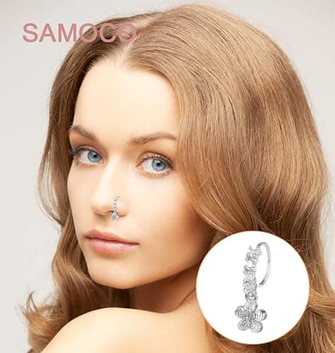 SAMOCO 20Pcs 20G Dangle Nose Ring L Shaped Dangling Nose Stud for Women Stainless Steel Nose Ring Studs CZ Flower Dangle Nose Rings Hoops Nose Piercing thumbnail 2