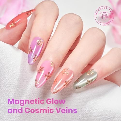 Beetles Cat Eye Gel Nail Polish Set, 6 Colors Fairy Garden Gel Polish Kit | Pastel Shimmer Glitter Pink Red Blue Orange Green Purple Glass Cat Eye Gel Soak Off UV Magnet Nail Art DIY Gift for Women thumbnail 3