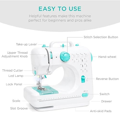 Best Choice Products Compact Sewing Machine, 42-Piece Beginners Kit, Multifunctional Portable 6V Beginner Sewing Machine w/ 12 Stitch Patterns, Light, Foot Pedal, Storage Drawer - Teal/White thumbnail 5