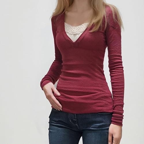 Fairy Grunge Y2K Shirts for Women Long Sleeve Lace Patchwork Tees Tops Teen Girls Aesthetic Vintage Slim Blouse thumbnail 4