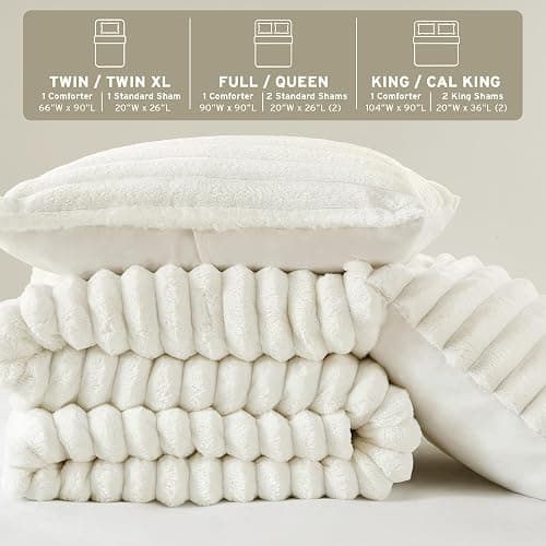 Intelligent Design Queen Comforter Set, Plush Bedding, Microfiber Reverse, 3 Piece, Lightweight, Super Soft Ribbed Velvet Comforter 2 Shams, All Season Fluffy Bed Set, Avril, Full/Queen Ivory thumbnail 7