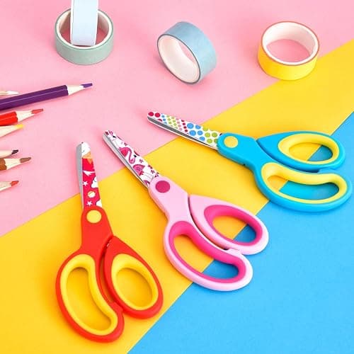 Zicolu Left Handed Kids Scissors, Lefty Safety Toddler Children Scissors, Small Craft Scissors with Blunt Tip - Fun Print Blade, Great for DIY, Arts, Home, School Classroom Use, Assorted Color, 3-Pack thumbnail 4