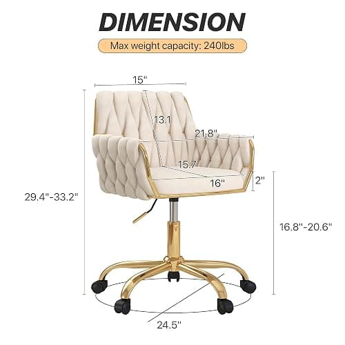 Gentlemoods Velvet Home Office Chair, Modern Height-Adjustable Vanity Chair with Golden Base and Hand-Woven Backrest for Bedroom/Study/Vanity (Beige) thumbnail 3