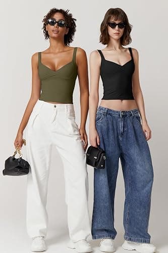 QINSEN Women's V Neck Tank Tops Double Lined Adjustable Strap Camisole Shirt thumbnail 6