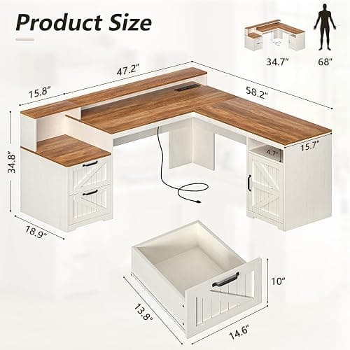 YOMILUVE 63" Farmhouse L Shaped Executive Desk with Drawers & Storage Shelf, Corner Computer Desk with Power Outlets, L Shaped Office Desk with Monitor Stand, Printer Shelf, Antique White thumbnail 2