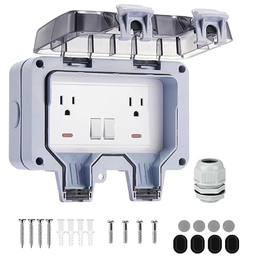 Toptozl 15 Amp Outdoor Electrical Outlet Box with On/Off Switch and Indicator Light, 125 Volt NEMA 5-15 Duplex Receptacle, Grounding, IP66 Waterproof Wall Power Socket, Weather and Tamper Resistant - Dual 5-15 Outet w/ Switch & Indicator - Image 1