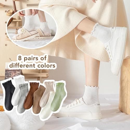 Fandecie 8 Pairs Frilly Socks Women,Ruffle Socks for Girl Women,Solid Color Lettuce Edge Comfort Breathable One Size 5-9 thumbnail 7