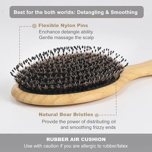 BESTOOL Hair Brush-Boar Bristle Hair Brushes Natural Bamboo Wooden Cushion Massage Anti Static Large Paddle Hairbrush for Women Men and Kid (Round) thumbnail 2