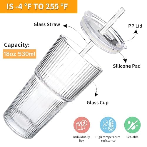 Glass Cups with Lids and Straws - 18oz Glass Tumbler with Straw and Lid, Premium Coffee Cups for Tea, Iced Coffee, Smoothie，Ideal Gift for Home, Office, 4pack thumbnail 4