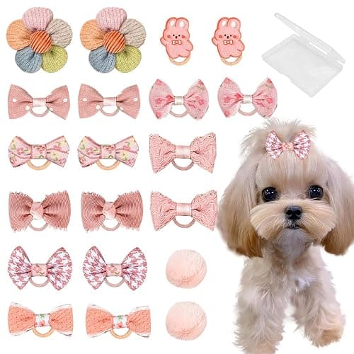 FGISAR 20 Pcs Small Dog Hair Bows with Rubber Bands Handmade Puppy Hair Bows Cute Grooming Flower Ball Bowknot Top Knot Dog Hair Accessories Hair Ties for Yorkie Maltese Pet (Pink) - Image 1