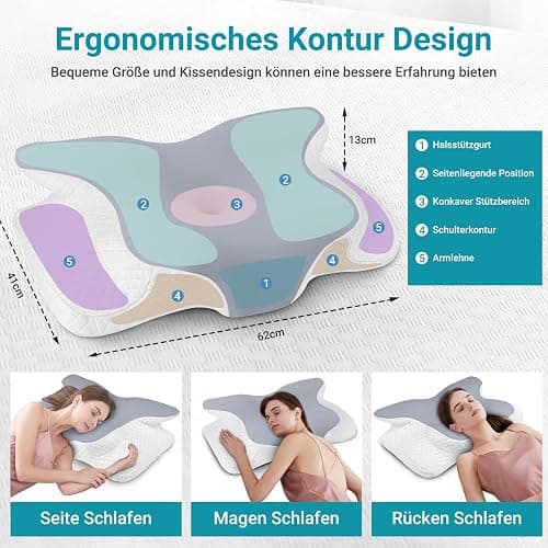 botatio Memory Foam Kissen Ergonomisches Nackenkissen Kopfkissen, Memory Foam Pillow Kopfkissen für Seiten, Orthopädisches Kissen Rücken & Bauchschläfer zur Verbesserung 62x41x13/11 cm, Grau-Weiß thumbnail 2