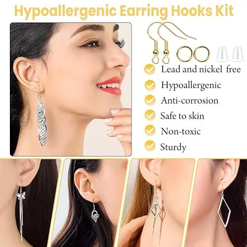 Hypoallergenic Earring Hooks, Ear Wires Fish Hooks, 600 Pcs Gold Earing Making Supplies Kit with Earring Backs and Jump Rings for DIY Jewelry Making (Gold) thumbnail 2