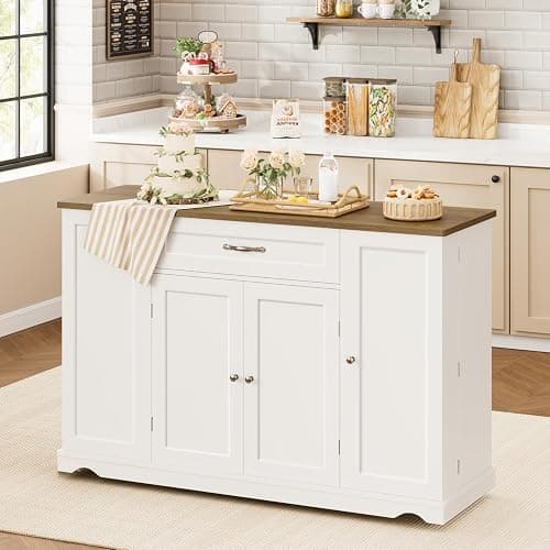 HOSTACK Kitchen Island Cart with Storage, 47'' Kitchen Storage Island on Wheels with 2 Drawers, Rolling Island Table with Adjustable Shelves, Mobile Buffet Sideboard Cabinet for Dining Room, White thumbnail 5