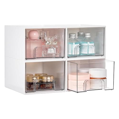 Vtopmart 4Pack Small Stackable Storage Drawers, Bathroom Makeup Organizer,Plastic Storage Bins For Vanity, Undersink, Kitchen Cabinets, Pantry, Home Organization(White) - Image 1