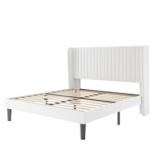 SHA CERLIN Full Size Velvet Bed Frame with Vertical Channel Tufted Wingback Headboard, Upholstered Platform Bed with Wood Slats, No Box Spring Needed, Easy Assembly, White thumbnail 8