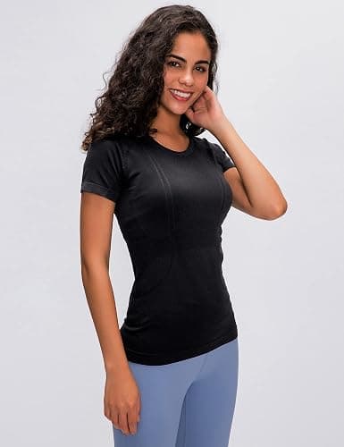 LUYAA Women's Workout Tops Long Sleeve Shirts Yoga Sports Breathable Gym Athletic Top Slim Fit - X-Small - Black-short thumbnail 4