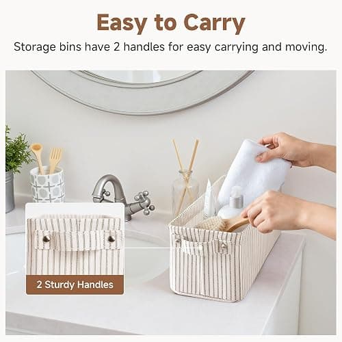 StorageWorks Narrow Storage Bins, Small Basket for Bathroom, Closet and Shelves, Fabric Organizer with Handles, Toilet Paper Storage, Khaki Stripes, 2-Pack thumbnail 6