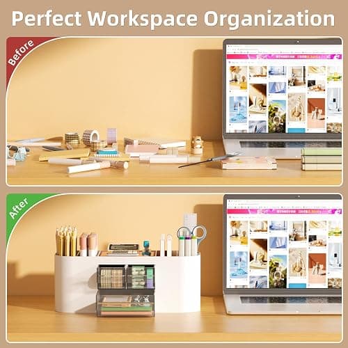 Marbrasse Desk Organizer Pen Holder for Desk with 3 Drawers, Multi-Functional Pencil Holder, Desk Organizers and Accessories with 7 Compartments for Home, School, Classroom(White) thumbnail 7